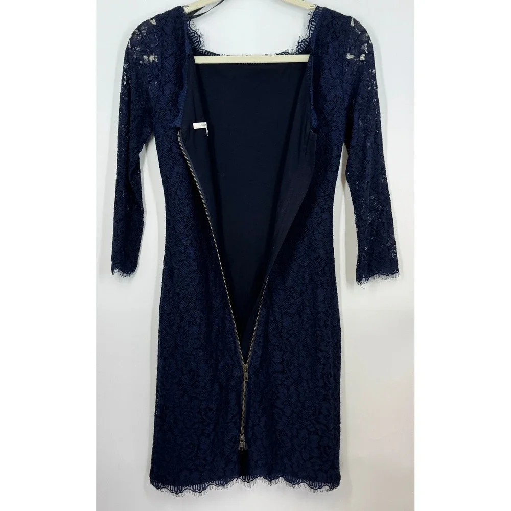 Diane von Furstenberg Navy Lace Sheath Sheer Dress Zipper Front‎ Size 2 Business - Picture 3 of 10
